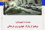 رییس ستاد مدیریت بحران شهرداری سیرجان گفت: با توجه به وزش بادهای شدید، شهروندان از توقف و پارک خودرو زیر درختان خودداری کنند.